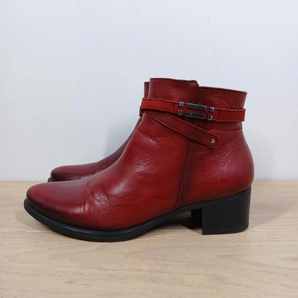 Dorking by Fluchos Red Leather Ankle Boots Buckle Strap Block Heel